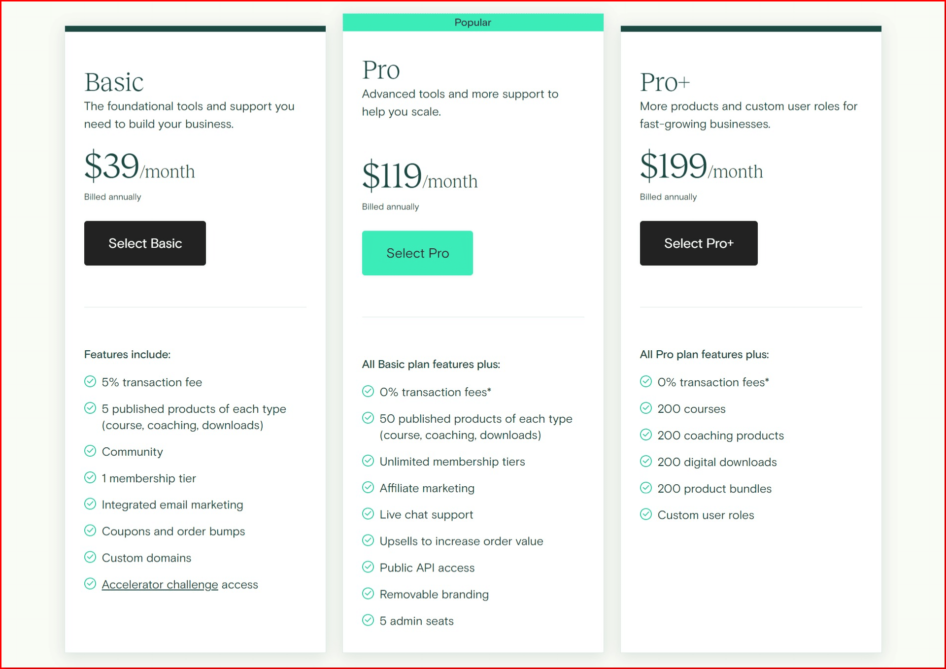 Teachable-Pricing page